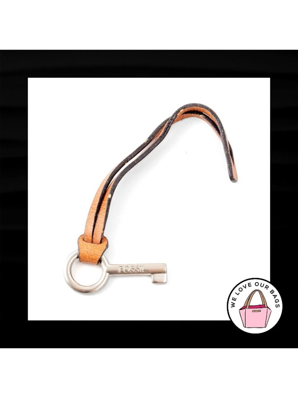 FOSSIL Brown LEATHER STRAP Loop Silver Nickel Fob Bag Charm Keychain Hang Tag